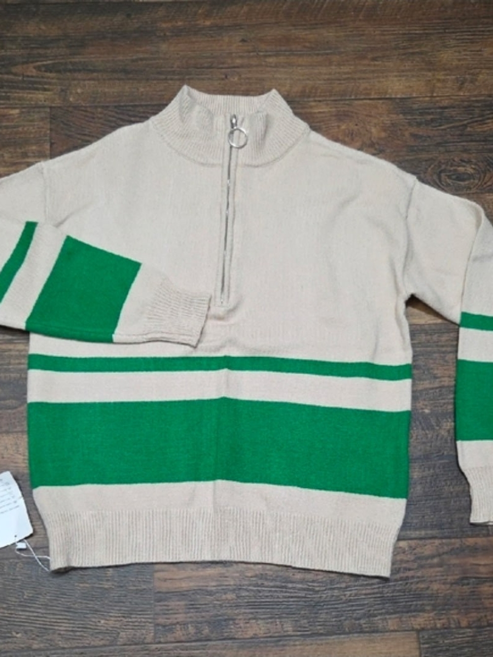 Half-Zip Women's Stripe Sweater in Cream and Green